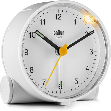 Braun Classic analog alarm clock with snooze function and light, quiet quartz movement, crescendo alarm in white, model BC01W.