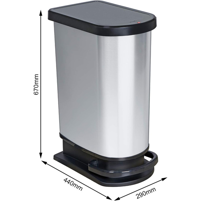 Сміттєвий бак Rotho Paso на 50л з педаллю та кришкою, пластик (PP) BPA-free, колір carbonmetallic (сріблястий металік), 44x29x67 см