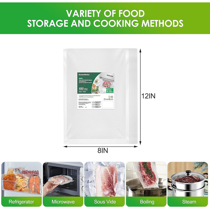 Trintion Vacuum Bags, 200 Bags 20x30cm Vacuum Bags for all Vacuum Sealers & Food Vacuum Sealer, Extractable Packaging Design, Cookable Sous Vide Freezer Bags, Embossed Air Channels