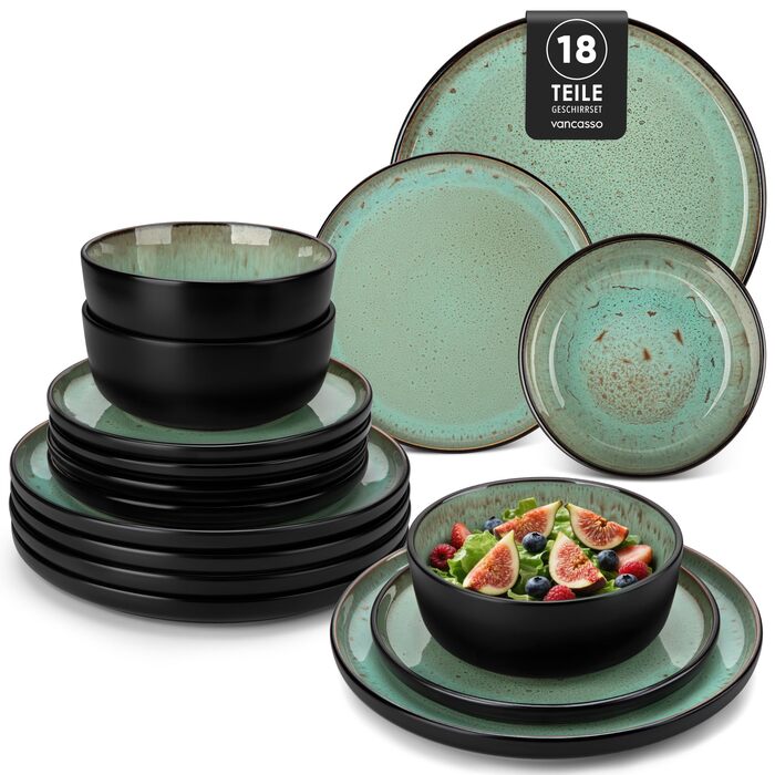 Набір посуду на 6 осіб vancasso AMBER, 18 предметів, ручної роботи, з реактивною глазур'ю, смарагдово-зелений