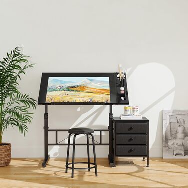 Adjustable Drafting Table with Tilt & Height - Drawing & Computer Desk with Stool & Storage - Wood Finish (Black + Storage Cabinet)