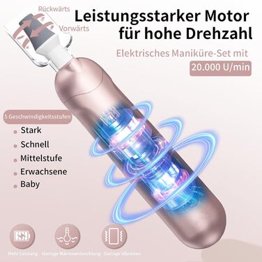 Електричний набір для манікюру та педикюру AOMEES з 9 насадками, LED-підсвічуванням та сумкою (Champagnergold)