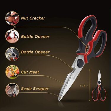 Універсальні кухонні ножиці 21 см з нержавіючої сталі, для риби, птиці, горіхів, з захистом леза, миючі в посудомийній машині, для лівшів, червоні