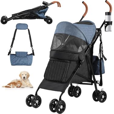 Візок для собак YITAHOME: зручний та функціональний візок для тварин до 11,3 кг з сітчастими віконцями, тримачем для напоїв, кошиком та переносною сумкою (синьо-чорний, з рухомими дверцятами)