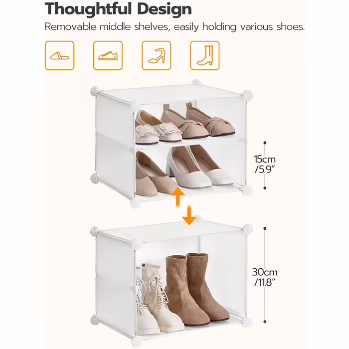 HOOBRO 8-Tier Shoe Rack, Shoe Cabinet, for 32 Pairs of Shoes, 40 x 30 x 30 cm per Compartment, Slim, with Doors, Plastic, for Living Room, Bedroom, Hallway, Entrance, White EWT28SC01G1