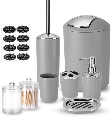 Набір аксесуарів для ванної кімнати Fixwal 8 шт. з пластику (сірий): мülleimer, тримач для зубних щіток, мильниця, диспенсер для мила, тримач для туалетного паперу, диспенсер для ватних паличок