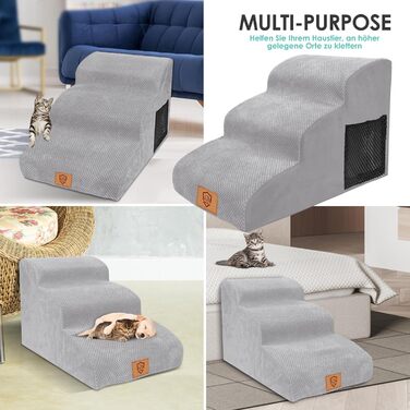 Myiosus Dog Stairs for Small Dogs, 2 Steps Pet Stairs, Waterproof Dog Steps Made of Sponge, Non-Slip Dog Ramp for Sofa Bed, Washable Cover Dog Stairs, Portable Cat Stairs (Dog Stairs 3 Steps, Grey)