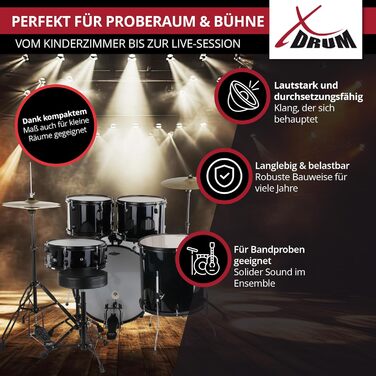 XDrum Rookie 20' Комплект барабанів для студії Black - Ідеальний для початківців - Стильне чорне обладнання - З паличками, інструкцією та школою барабанщиків