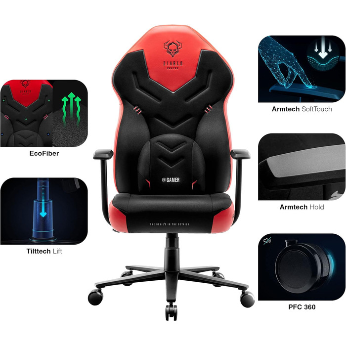 Ігрове крісло Diablo X-Gamer 2.0, ергономічне, з лумбарною підтримкою, текстиль, чорний-червоний, 128x68x55 см