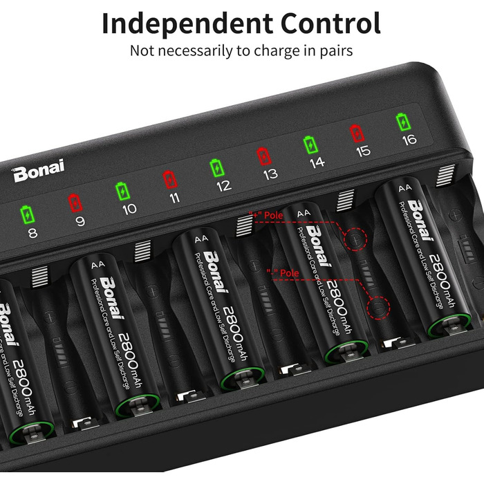 Зарядний пристрій BONAI для акумуляторів AA AAA з LED-індикатором, 16 слотів, універсальний, чорний