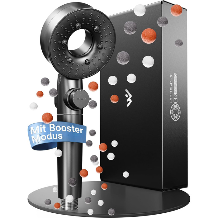 LOVENSWORK Shower Head with Filter [3 Modes - incl. Booster] Water-saving shower head with mineral pearls | Handheld shower, shower head, shower in black incl. tool, replacement pearls & stainless steel plate