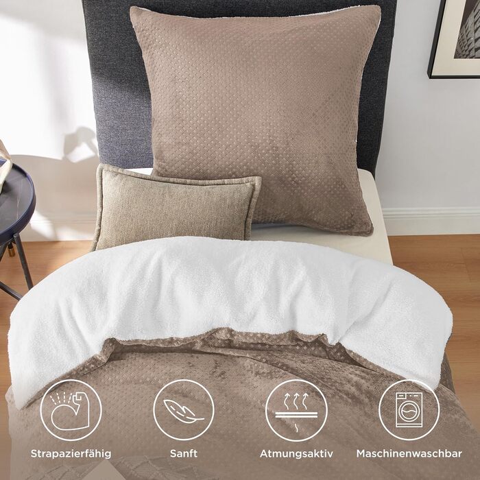 BEDSURE Комплект постільної білизни з флісу 155x220, теплий комплект для двоспального ліжка, з 2 наволочками 80x80 см, закривається на блискавку, вафельна піке, бежевий