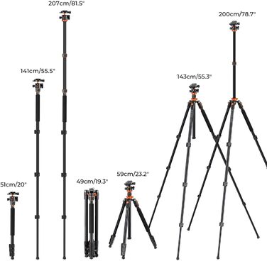 Штатив K&F Concept 200CM для камери: трипод з кульковою головкою, 360° обертання, 1/4'' гніздо, витримує до 10 кг, з виносним плечем