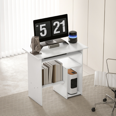 HOMCOM Desk, 80 x 45 cm, Computer Desk, Office Desk with Keyboard Tray, Open Compartments and Storage Surfaces, Chipboard, for Home Office, Bedroom, White | Aosom