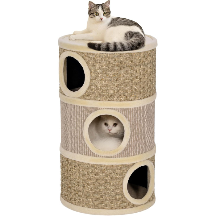 Кігтеточка PawHut для котів 79 см, 3 яруси, кігтеточка-бункер, кігтеточка з сизалю, для великих котів, бежево-коричнева, 45л х 45см х 79см з внутрішнім отвором