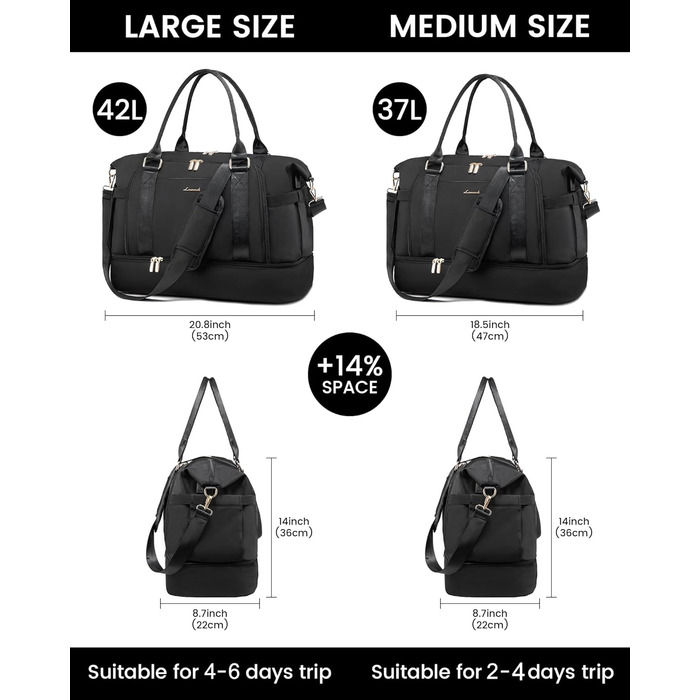 Спортивна сумка LOVEVOOK для подорожей: жіноча дорожня сумка-мішок, weekender, з органайзером, відділенням для взуття та мокрих речей, водонепроникна, 42L, чорна