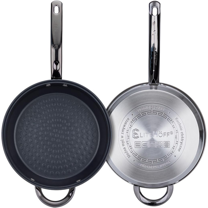 Набір посуду EliteHoff Induktion: 12-ти частинний набір каструль та сковорідок з нержавіючої сталі з кришками та чорними ручками, для всіх типів плит