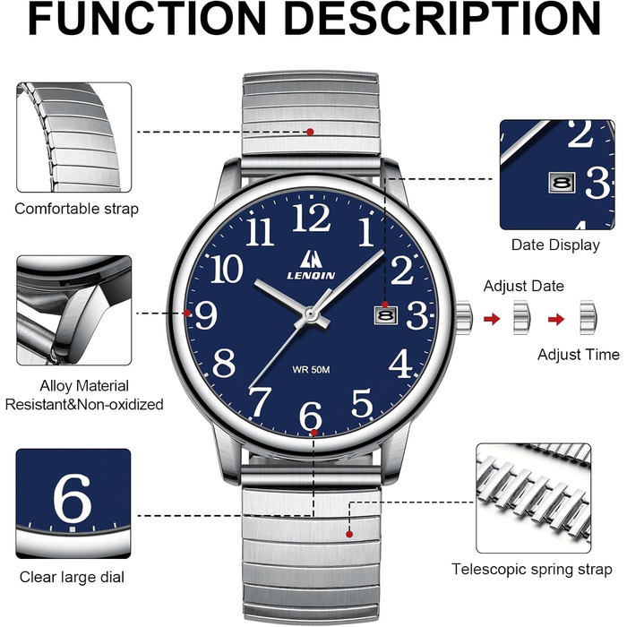 Чоловічий годинник: аналоговий кварцовий годинник з датою, водонепроникний, 38 мм, синій, срібляний, для бізнесу та повсякденного носіння