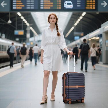 Чемодан-валіза KONO 55x40x20 см, ручна поклажа, ABS+PC, з коліщатами та замком, темно-синій/коричневий