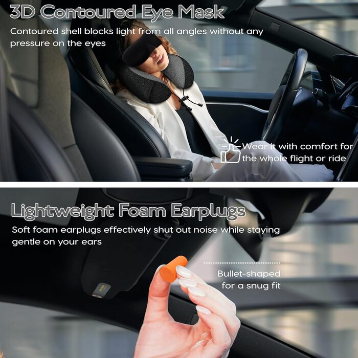 Подушка для шиї у літак - 100% Memory Foam - Зручна подушка для подорожей - з 3D-маскою для сну та навушниками - Ідеально для літака, авто, дому, офісу, чорна