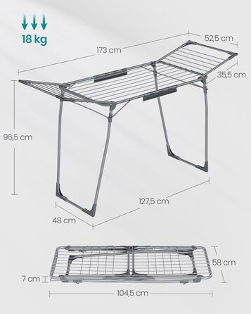 SONGMICS Сушарка для білизни на підставці, сіра, 52.5 x 173 x 96.5 см, з тримачем для шкарпеток, для одягу, рушників, металева