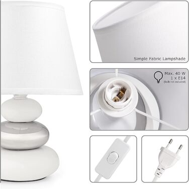 Нічна лампа 'Ліна' - керамічна настільна лампа з абажуром з тканини, сумісна з LED, цоколь E14, 230V, для вікна, дивана, підвіконня (білий/сріблястий)