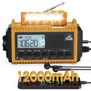 Радіо Kurbelradio 12000 mAh: Сонячне, ручне, аварійне радіо з ліхтариком та USB-зарядкою (Жовтий)