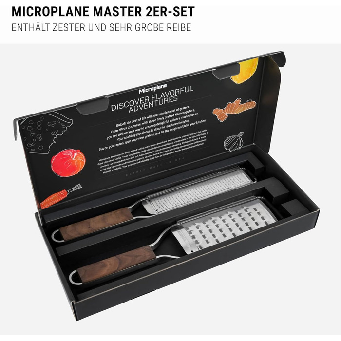 Microplane Набір терок Master Series (Zester та Extra-Grob) для цитрусових, твердого сиру, горіхів, картоплі, моркви та цукіні з ручкою з волоського горіха та лезами з нержавіючої сталі - Made in USA