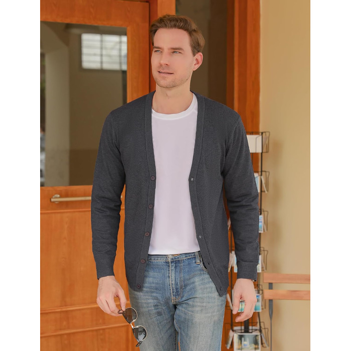 iClosa Кардиган чоловічий з V-подібним вирізом, легкий, в'язаний, з ґудзиками, темно-сірий, розмір L