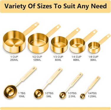 StellarHorizon Measuring Cups and Spoons, 9-Piece Set, Stainless Steel Handles with Metric and US Measurements, Gold-Polished Finish, for Dry and Liquid Ingredients, Measuring Cups for Cooking and Baking