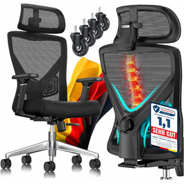 Офісне крісло KESSER® ергономічне з регульованими підлокітниками, поворотне з підтримкою попереку, з підголівником, функція гойдання до 125° з 5 колесами, чорний/срібний