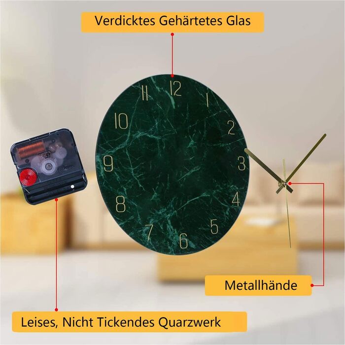 VIKMARI Glass Wall Clock Silent-Non Ticking Wall Clocks - Quality Quartz Battery-Operated Round 12 Inch Dark Green