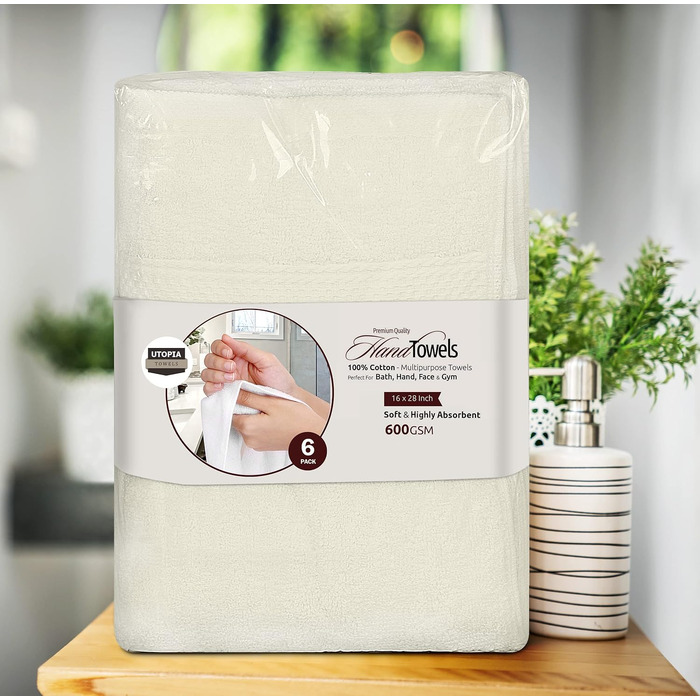Набір преміум рушників для рук Utopia Towels, 100% бавовна, ультрам'які та гігроскопічні, 600 г/м², слонова кістка, 40.6 x 71.1 см, 6 шт.