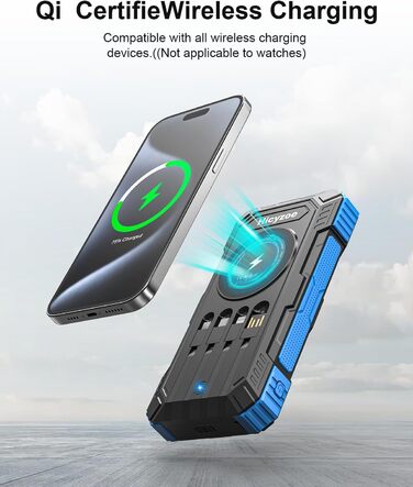 Сонячний павербанк 26800 mAh з 4 кабелями, USB-C, Qi, LED-ліхтарик, для телефонів, планшетів та кемпінгу