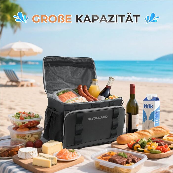 30L Cooler Bag Large Foldable - Cooler Bag for Food & Drinks, Picnic Bag, Insulated Thermal Bag, Car Cooler Bag for Beach/Picnic/Camping/BBQ (Black Handbag)