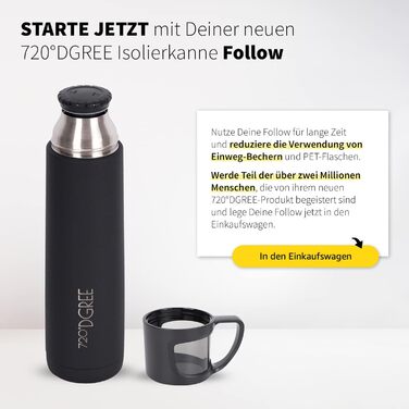 720°DGREE Thermoskanne with Cup 1l “Follow” - 3 Sizes, 12h Hot, 24h Cold, Leak-Proof, BPA-Free - Stainless Steel Thermos Flask, Insulated Bottle for Coffee, Tea at Work, School, To Go