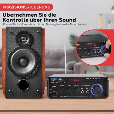 Pyle підсилювач 200Вт, стерео Bluetooth, 2-канальний, RCA, USB, SD, MIC, FM-радіо, регулювання басу та високих, для дому, авто, студії, домашнього кінотеатру