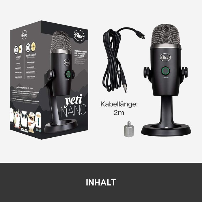 Blue Yeti Nano – Преміум USB-мікрофон для запису, стрімінгу, геймінгу та подкастів (PC/Mac). З Blue VO!CE, кардіоїдна та всеспрямована характеристика, чорний