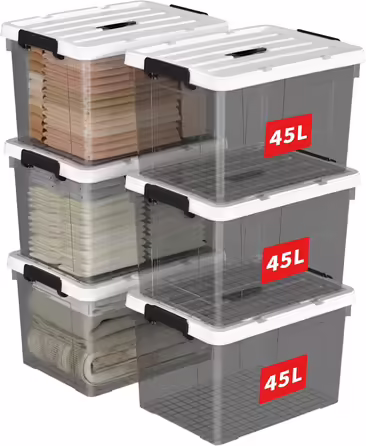 Plastic Storage Box, Tote Box, Organizing Container with Durable Lid and Secure Latching Buckles, Stackable and Nestable, 4-Pack, Transparent Black with Black Buckle (45L x 6)