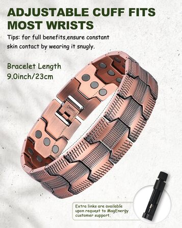 Браслет на руку чоловічий MagEnergy з міді - з 3 потужними магнітами, регульована довжина, інструмент для регулювання розміру