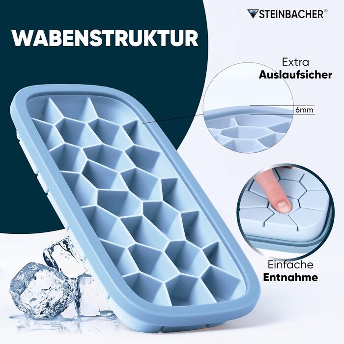STEINBACHER® Premium Ice Cube Box | Large Ice Cube Container + Silicone Ice Cube Tray in Tested Food Grade Quality (Set) BPA-Free & Dishwasher Safe - Perfect for Drinks & Baby Food (Arctic Blue)