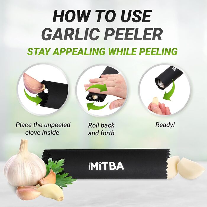 MiTBA Garlic Press Set with Non-Slip Grips - Includes Silicone Tube Peeler & Cleaning Brush