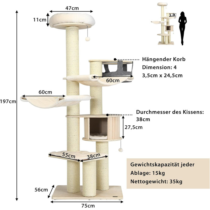 Дерев'яний кігтеточки для котів Costway 7-ярусний, 197 см з гамаком, будиночком та кошиком, товщина стовпів 15 см, бежевий