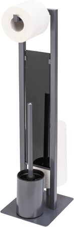 WENKO Stand WC-Garnitur Rivalta, freestanding toilet set with toilet brush, toilet paper and spare roll holder, matt lacquered steel, safety glass splash plate, 18 x 70 x 23 cm, Grey Grey/Black/Black