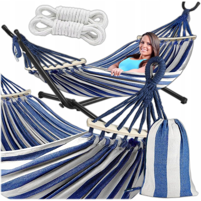 Гамак KRUMAD 260 см, до 250 кг, вуличний, бавовна-поліестер, з дерев'яними розпірками та сумкою (синьо-білий, з каркасом)