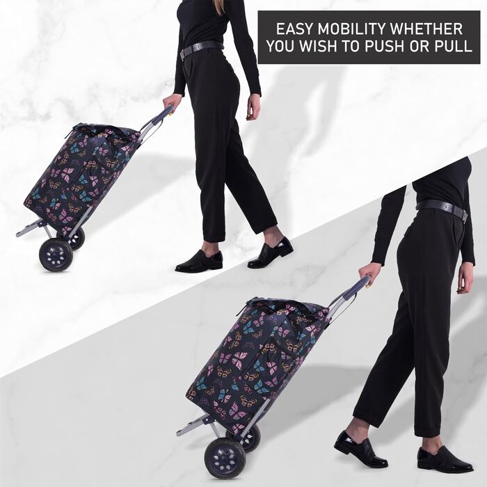 Hoppa 57L Shopping Trolley Large Shopping Roller Waterproof Shopping Cart Wagon (Black Flamingos) (Navy Blue Butterflies)
