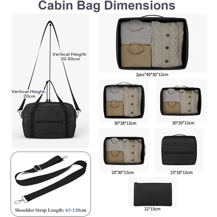 Органайзер для валізи 12 шт. - комплект водонепроникних кубиків для подорожей, сімейних поїздок та зберігання вдома (Чорний, 7 кубиків + 1 кабінна сумка 20л)