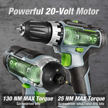 WORKPRO Набір акумуляторних шуруповерт та ударний шуруповерт 20V 2.0Ah (2 акумулятори, зарядний пристрій, 6 свердл, 10 біт)