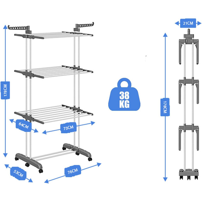 Сушарка для білизни тур-тип на коліщатках, сіра. Розкладна конструкція, 6 крил, 2 бічні крила, для дому та вулиці