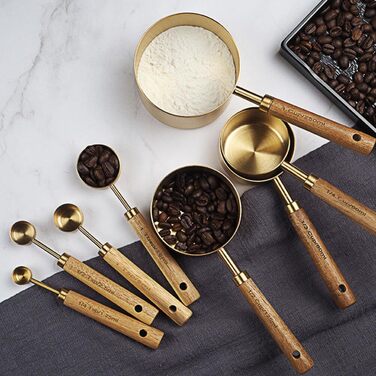 STOBAZA Measuring Cup and Spoon Set of 8 Stainless Steel Pieces, Stackable Measuring Cups and Kitchen Baking Utensils with Wooden Handle for Wine Ingredients, Milk Powder